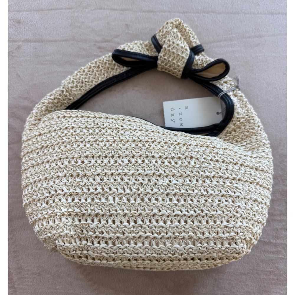A New Day Cream Straw Hobo Bag Bow Strap Woven Summer Shoulder Purse NWT